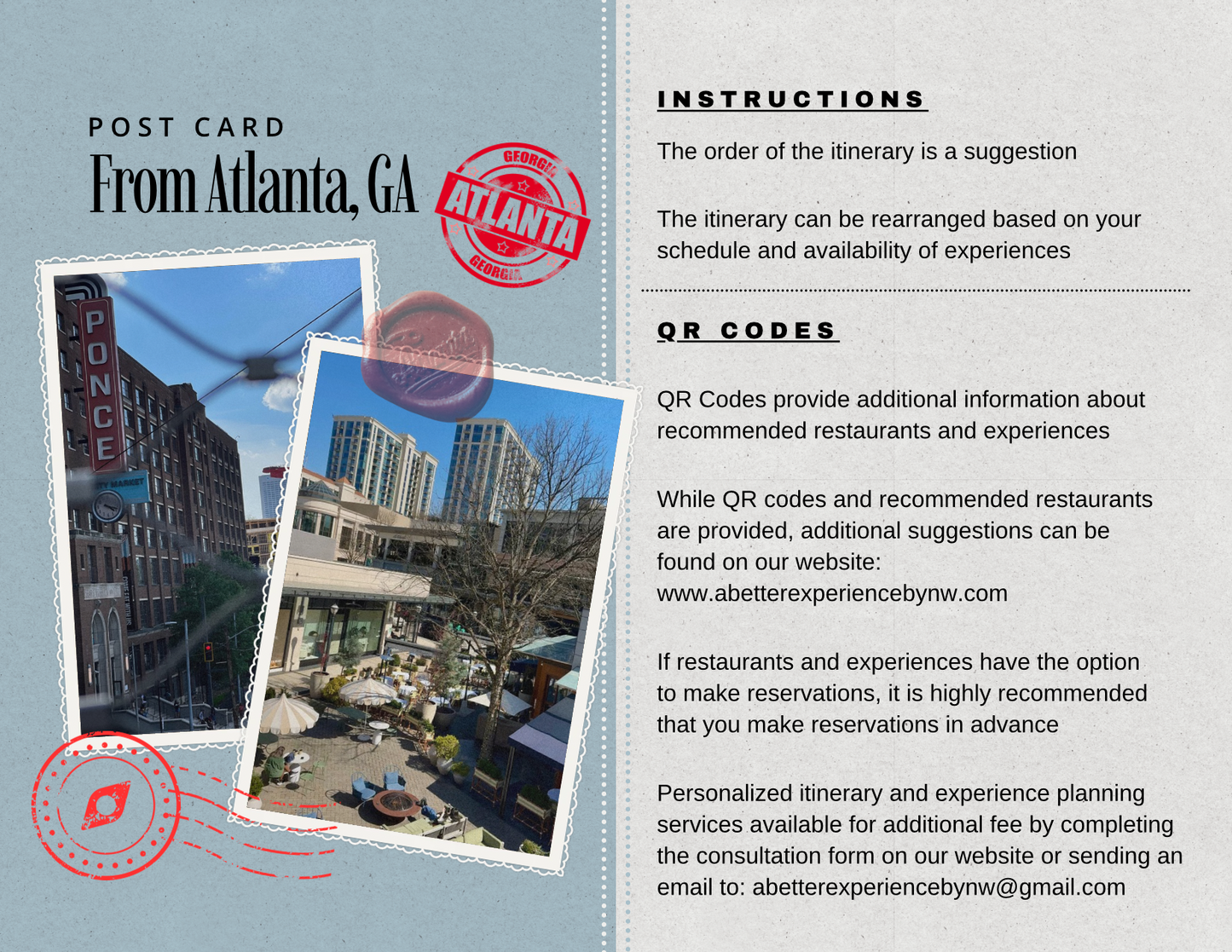 A postcard-style itinerary card design with a light blue background, featuring the text 'POST CARD From Atlanta, GA' and sections titled 'INSTRUCTIONS' and 'OR CODES' with placeholder itinerary details and QR code references. Two tilted photo frames show city street scenes in Atlanta.