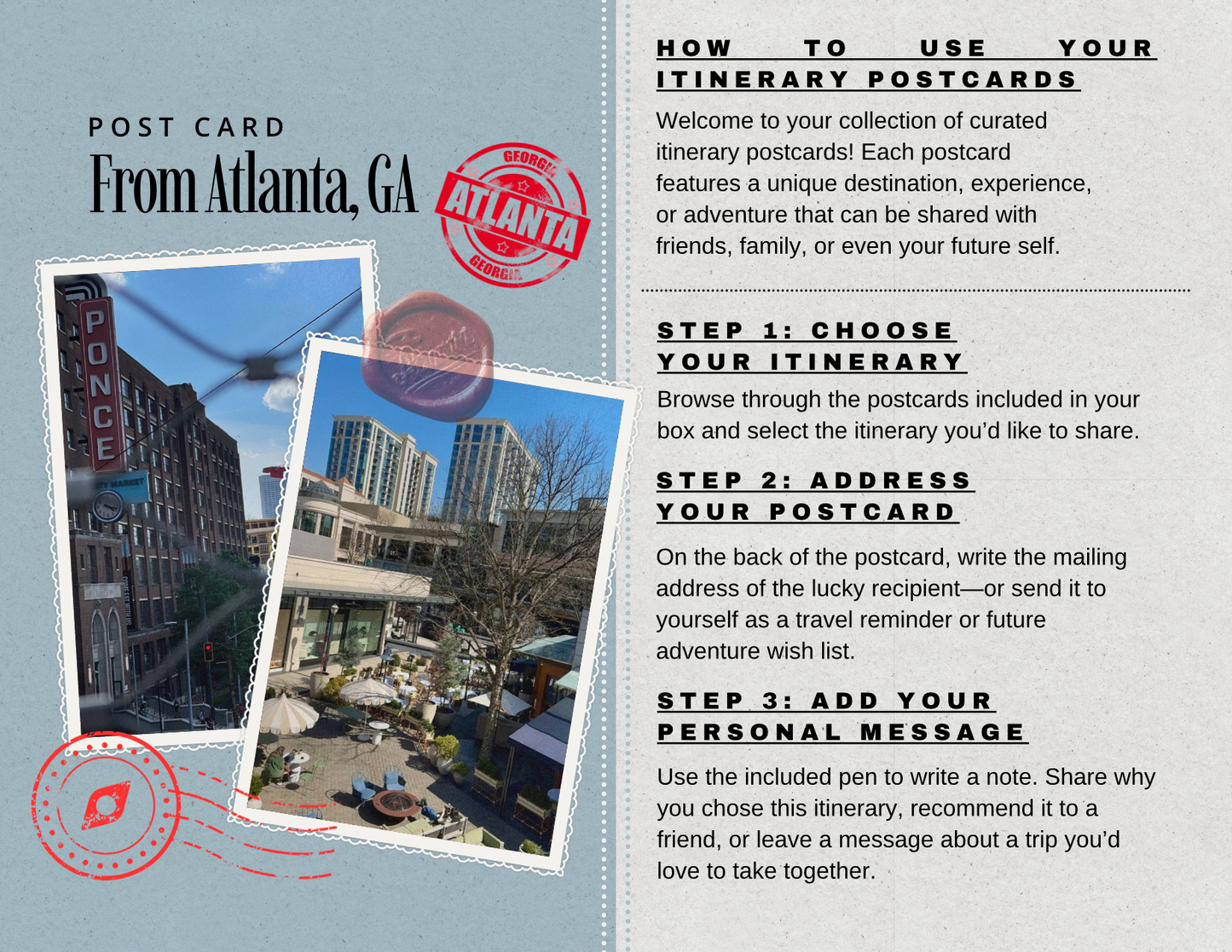 An informational graphic for a postcard set titled 'From Atlanta, GA' with text instructions on how to use itinerary postcards and two sample postcard designs showing city scenes.