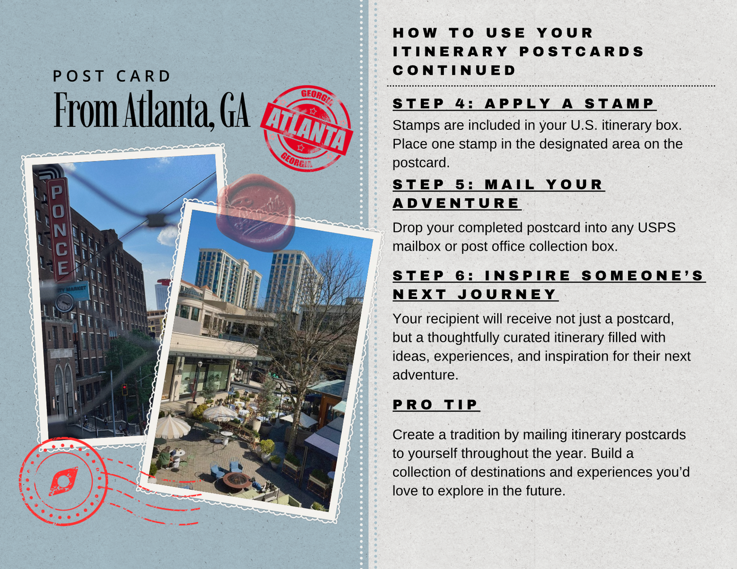 A postcard-themed travel instruction graphic titled 'From Atlanta, GA' with text explaining how to use itinerary postcards and photos of city scenes in Atlanta.