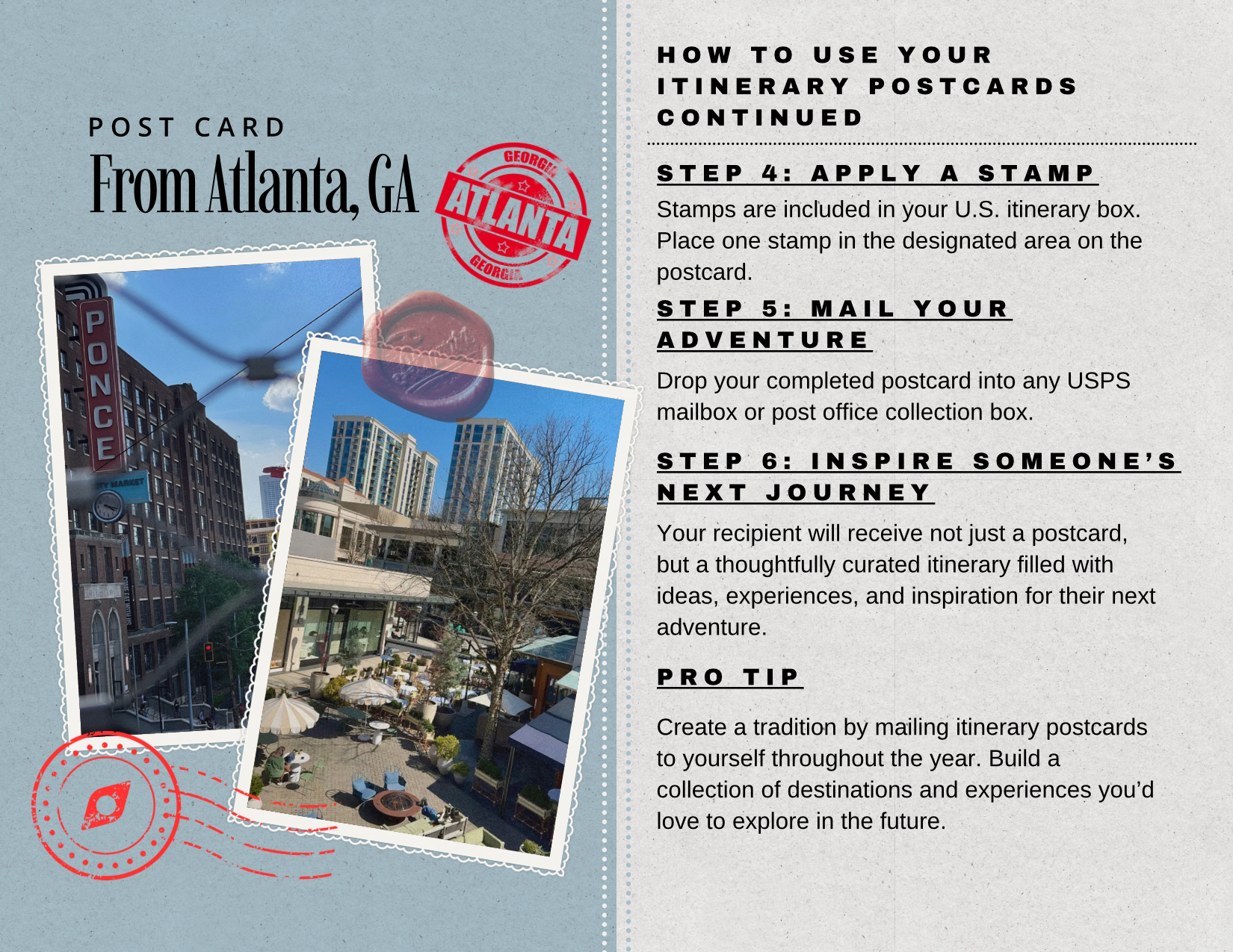 A postcard-themed travel instruction graphic titled 'From Atlanta, GA' with text explaining how to use itinerary postcards and photos of city scenes in Atlanta.